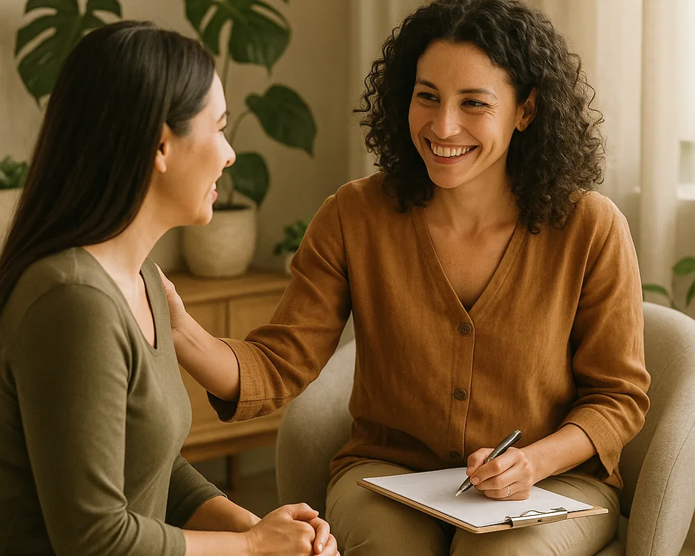 A relaxed video consultation in a calm, modern setting
